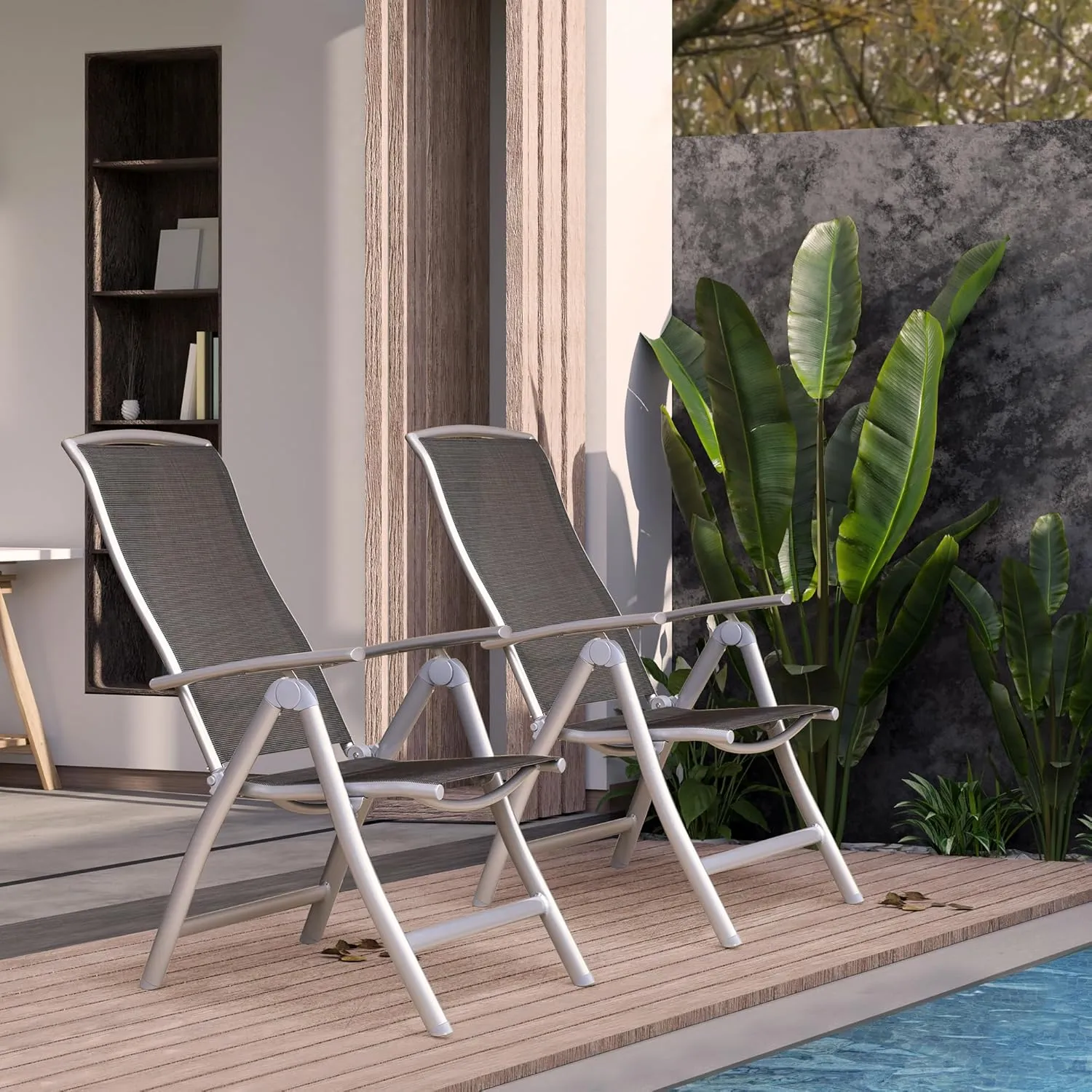Domi Patio Folding Chairs Set of 2, Aluminium Frame Outdoor Reclining Patio Chairs for Garden Camping Poolside Beach Deck, Adjustable High Back Lawn Chairs with Textilene Fabric Seat, Dark Gray