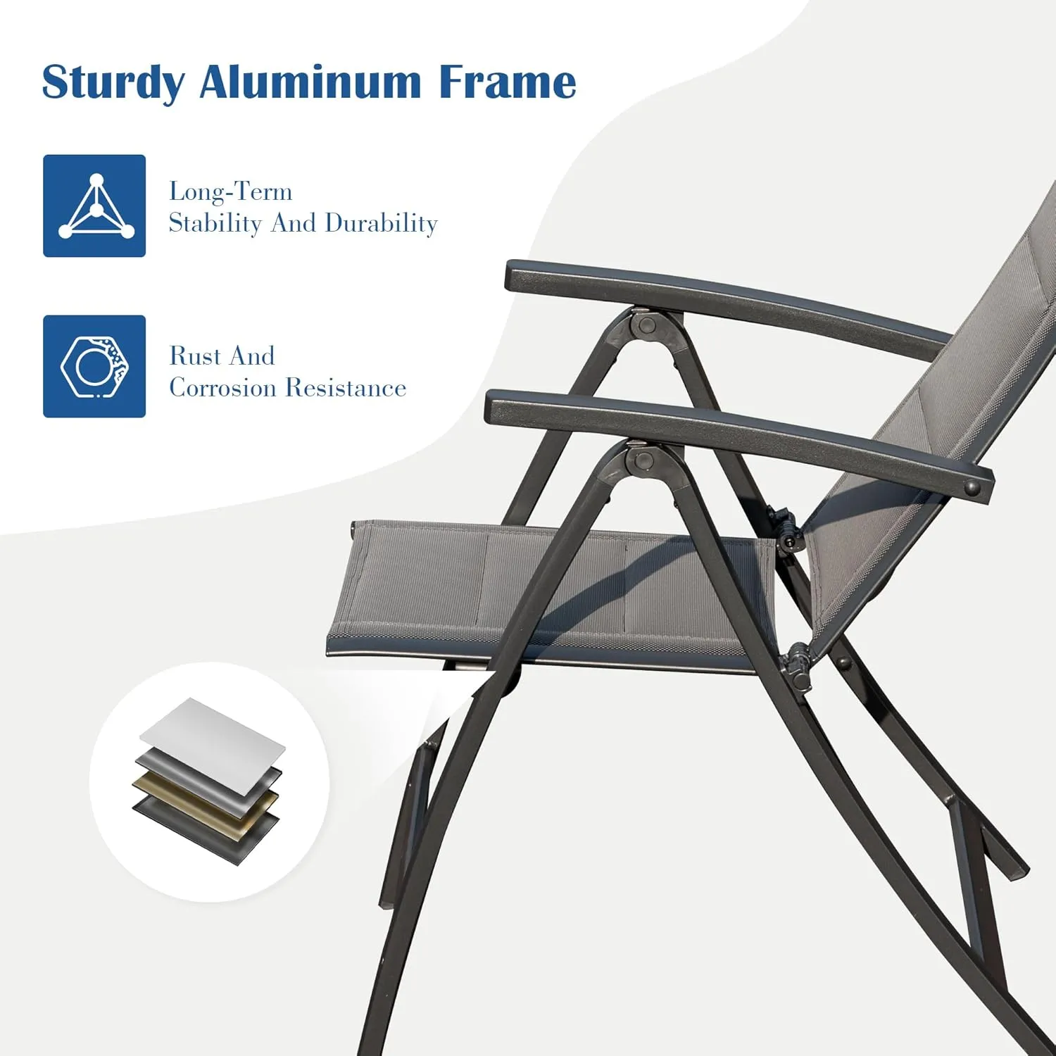 Domi Patio Folding Chairs Set of 2, Outdoor Reclining Camping Chairs Set with Moveable Headrest, Aluminum Frame Outdoor Portable Chairs with Adjustable High Backrest and Padded Textilene Fabric Seat