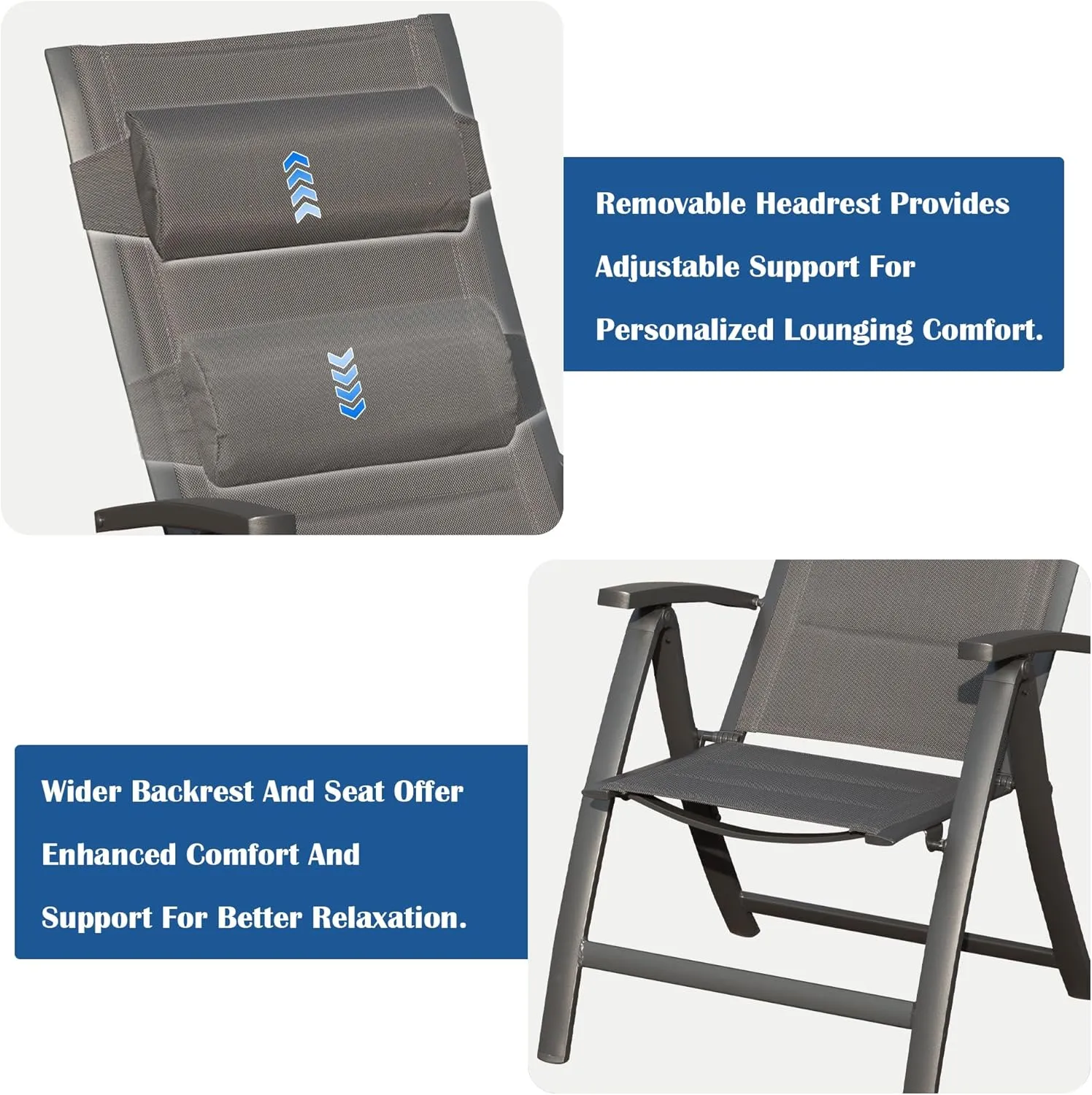 Domi Patio Folding Chairs Set of 2, Outdoor Reclining Camping Chairs Set with Moveable Headrest, Aluminum Frame Outdoor Portable Chairs with Adjustable High Backrest and Padded Textilene Fabric Seat