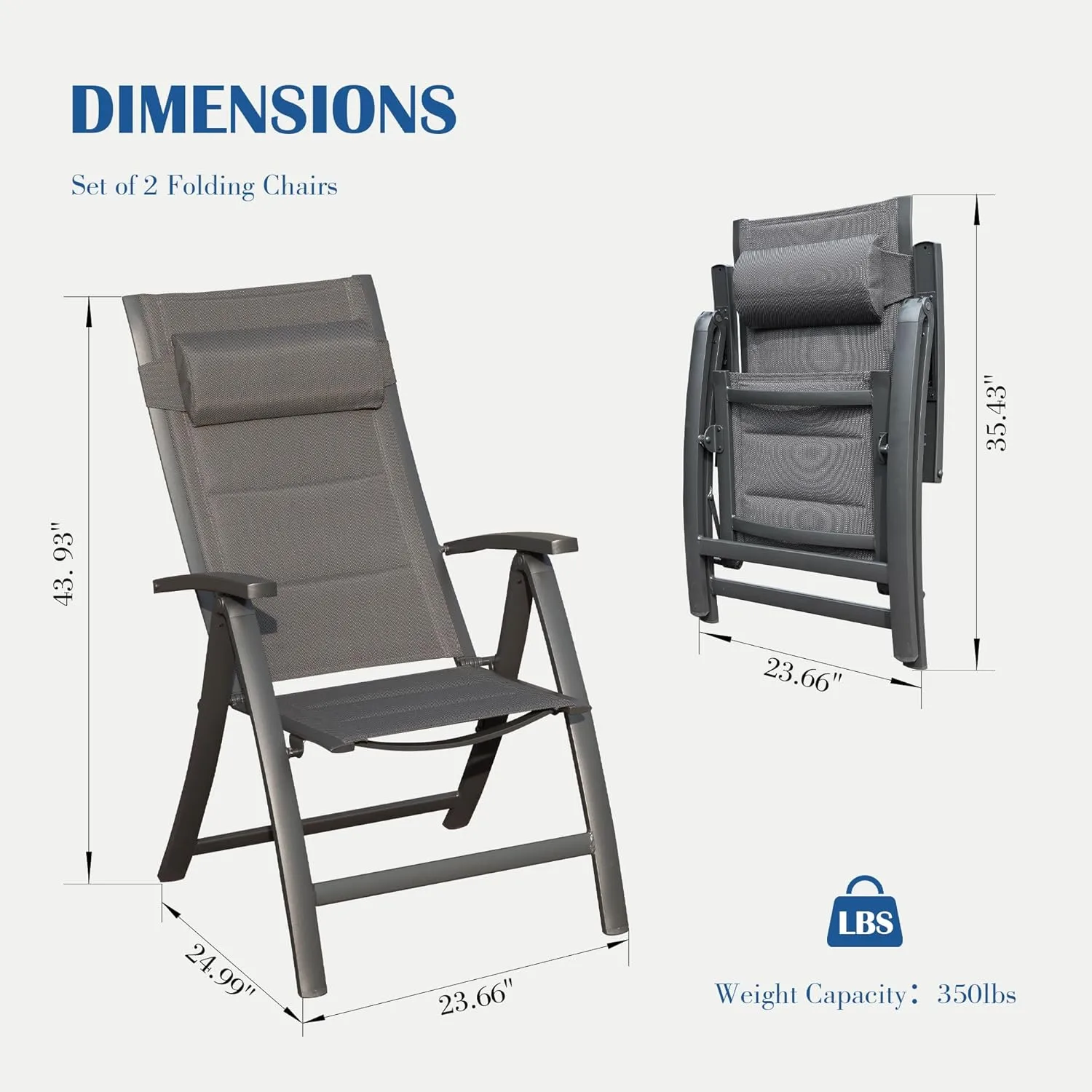 Domi Patio Folding Chairs Set of 2, Outdoor Reclining Camping Chairs Set with Moveable Headrest, Aluminum Frame Outdoor Portable Chairs with Adjustable High Backrest and Padded Textilene Fabric Seat