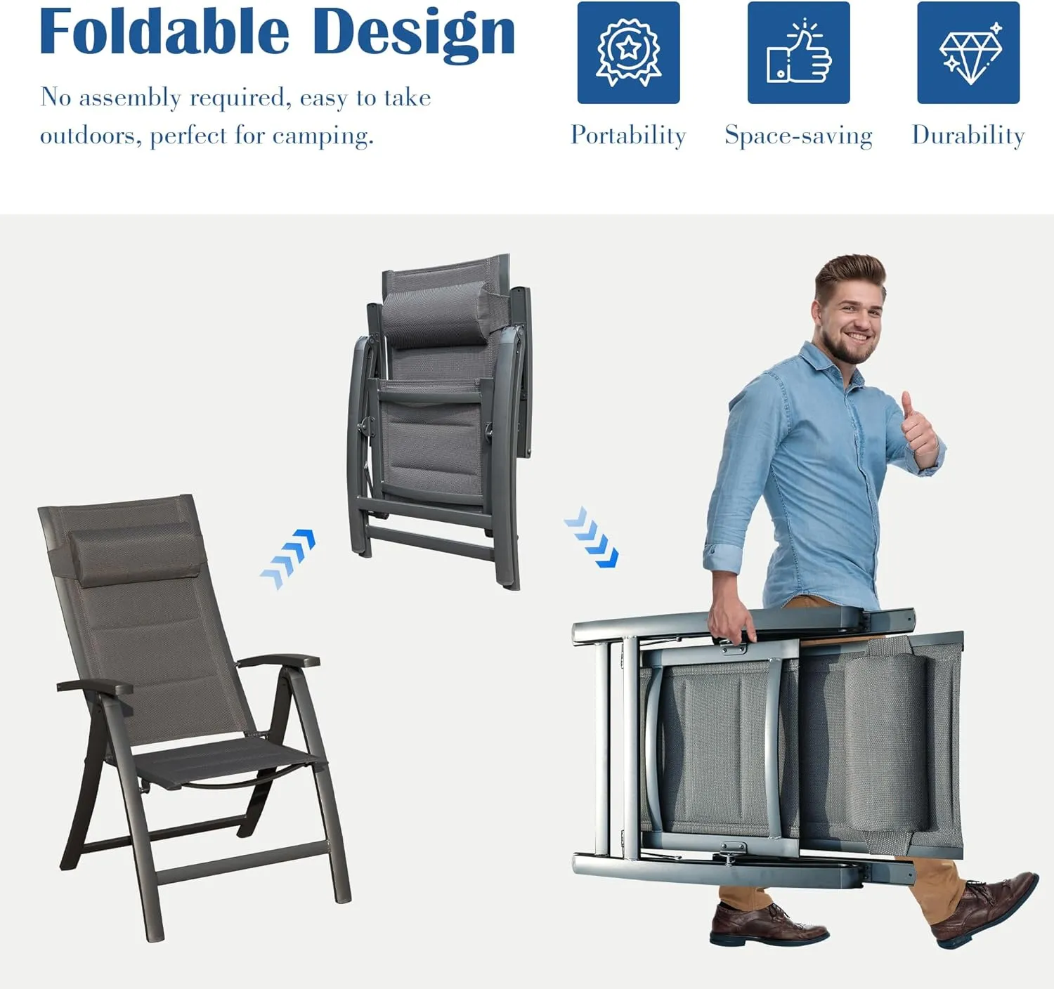 Domi Patio Folding Chairs Set of 2, Outdoor Reclining Camping Chairs Set with Moveable Headrest, Aluminum Frame Outdoor Portable Chairs with Adjustable High Backrest and Padded Textilene Fabric Seat