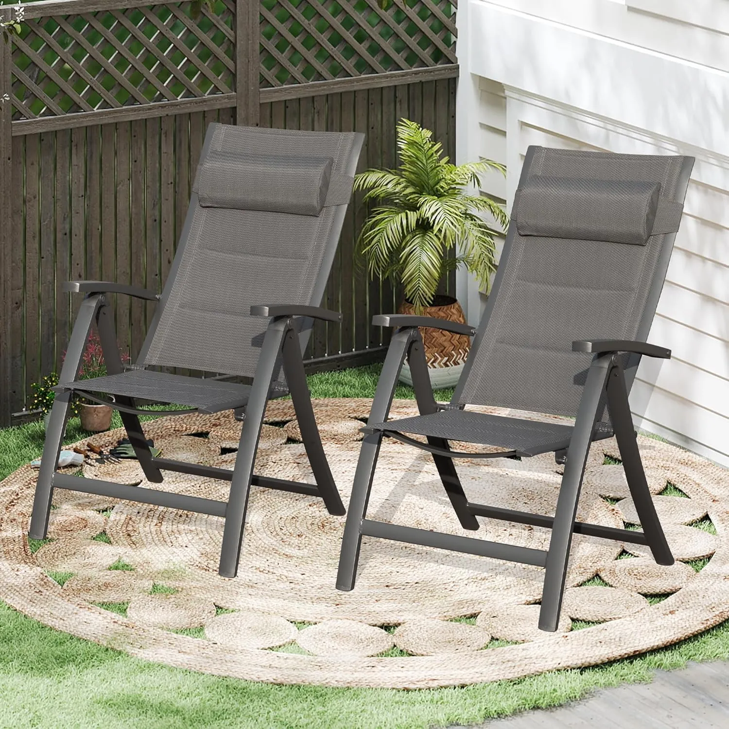 Domi Patio Folding Chairs Set of 2, Outdoor Reclining Camping Chairs Set with Moveable Headrest, Aluminum Frame Outdoor Portable Chairs with Adjustable High Backrest and Padded Textilene Fabric Seat