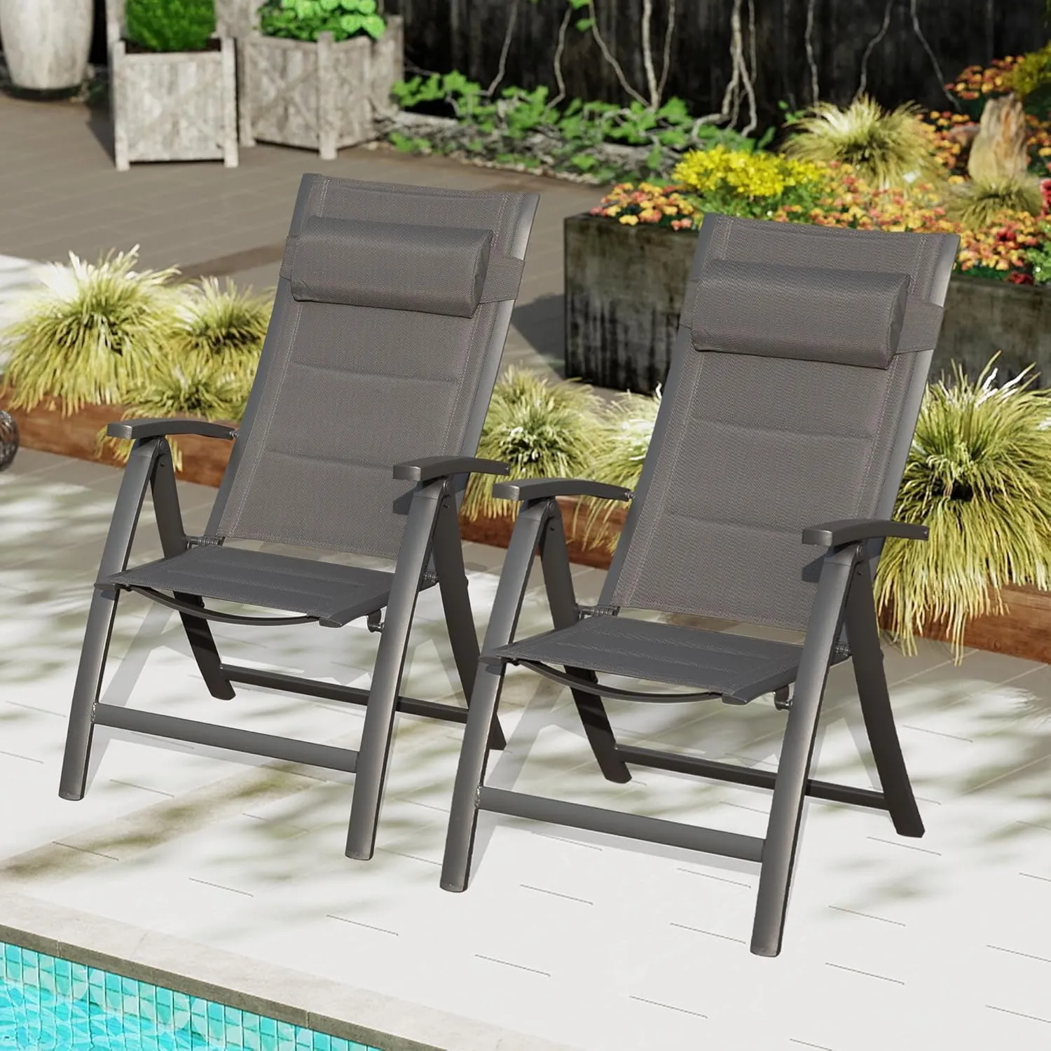 Domi Patio Folding Chairs Set of 2, Outdoor Reclining Camping Chairs Set with Moveable Headrest, Aluminum Frame Outdoor Portable Chairs with Adjustable High Backrest and Padded Textilene Fabric Seat