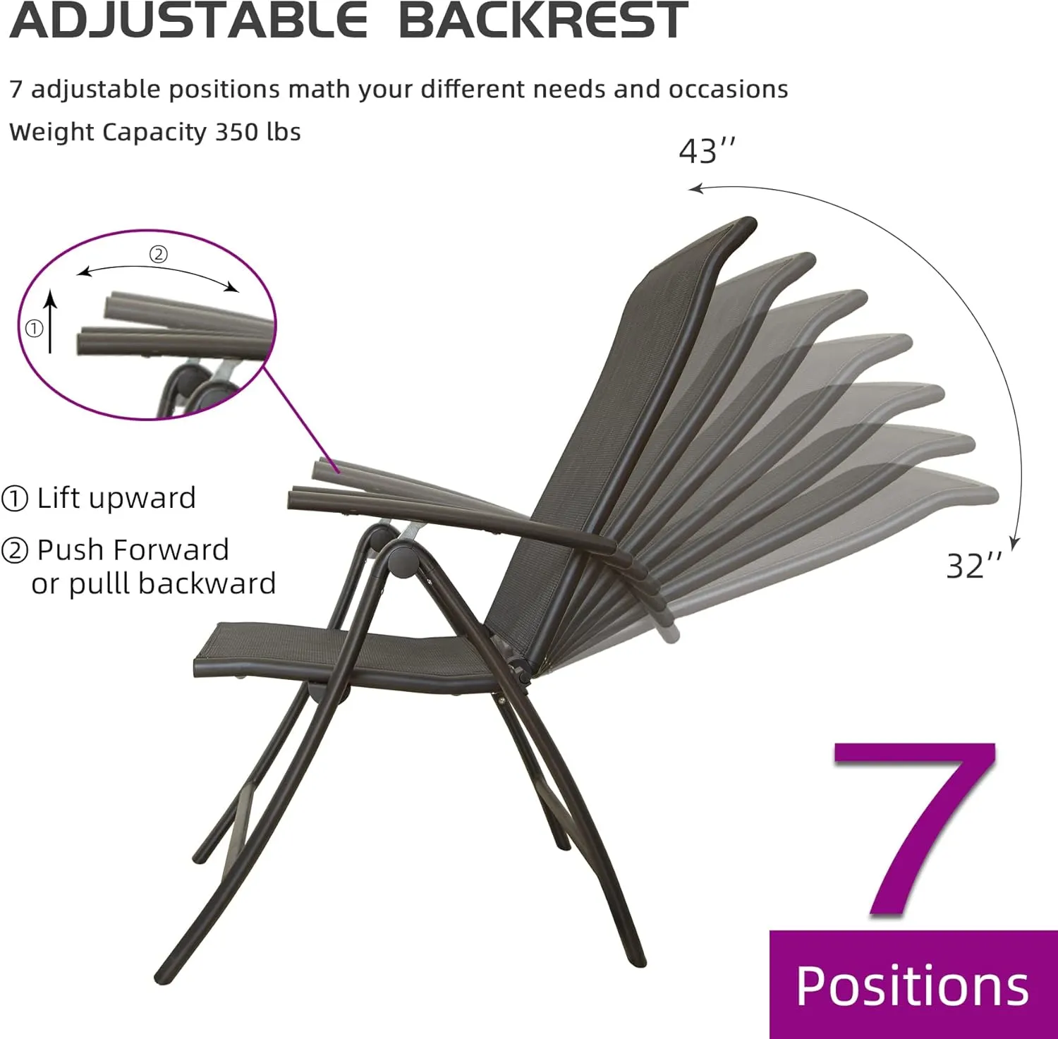 Domi Patio Outdoor Sling Chairs Set of 2, Folding Outdoor Reclining Camping Chairs with Armrest Adjustable High Backrest Portable Chair