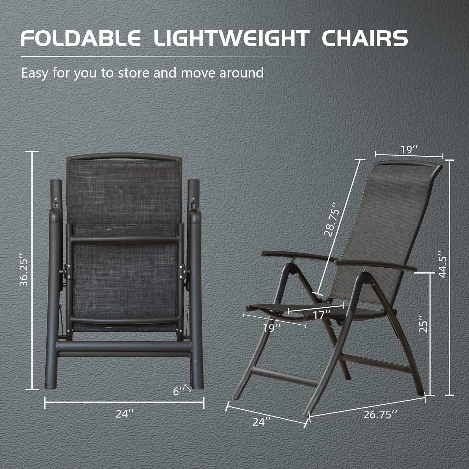 Domi Patio Outdoor Sling Chairs Set of 2, Folding Outdoor Reclining Camping Chairs with Armrest Adjustable High Backrest Portable Chair