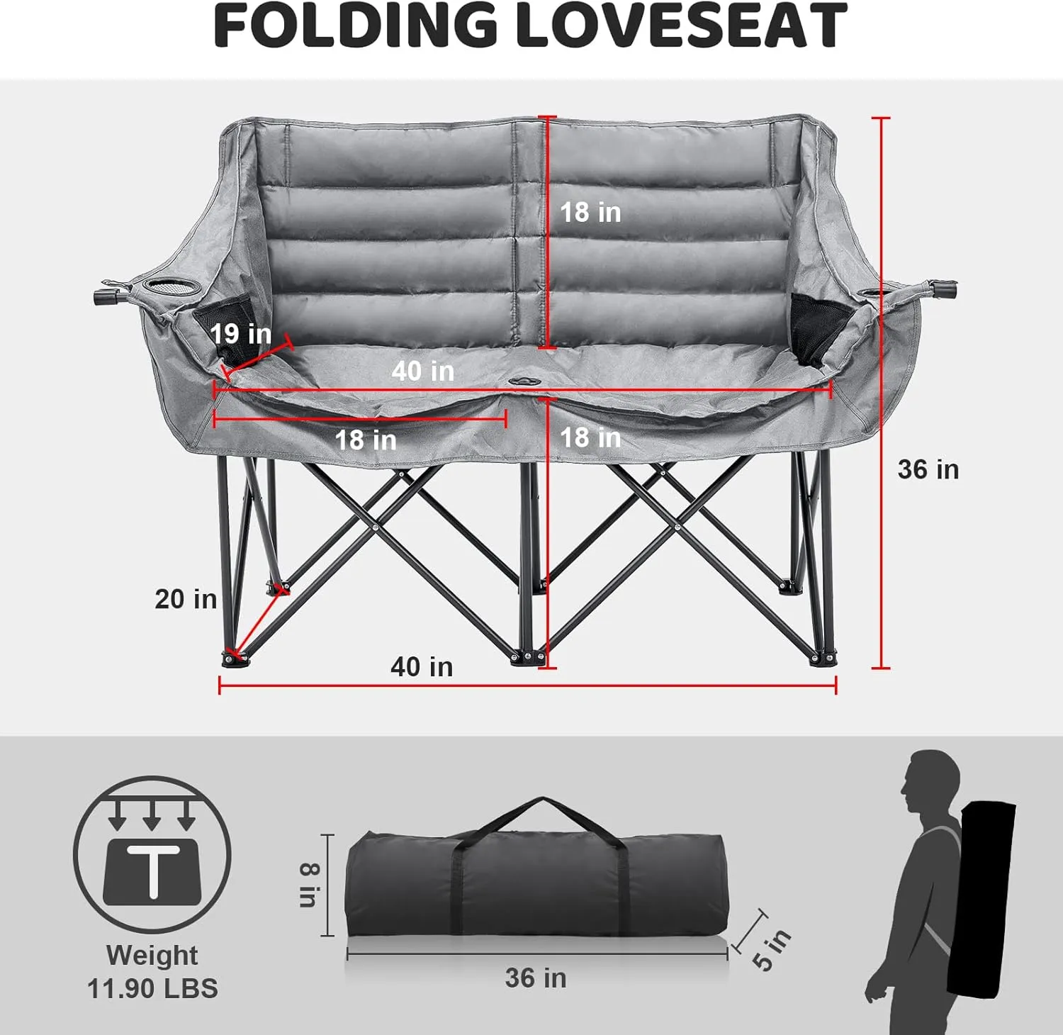 Double Camping Chair for Adults, 2 Person Loveseat Camping Chair with Cup & Wine Glass Holder, Portable Padded Double Folding Chairs for Outdoor Camp Lawn Picnic Sports, Support 600LBS (Grey)