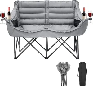 Double Camping Chair for Adults, 2 Person Loveseat Camping Chair with Cup & Wine Glass Holder, Portable Padded Double Folding Chairs for Outdoor Camp Lawn Picnic Sports, Support 600LBS (Grey)