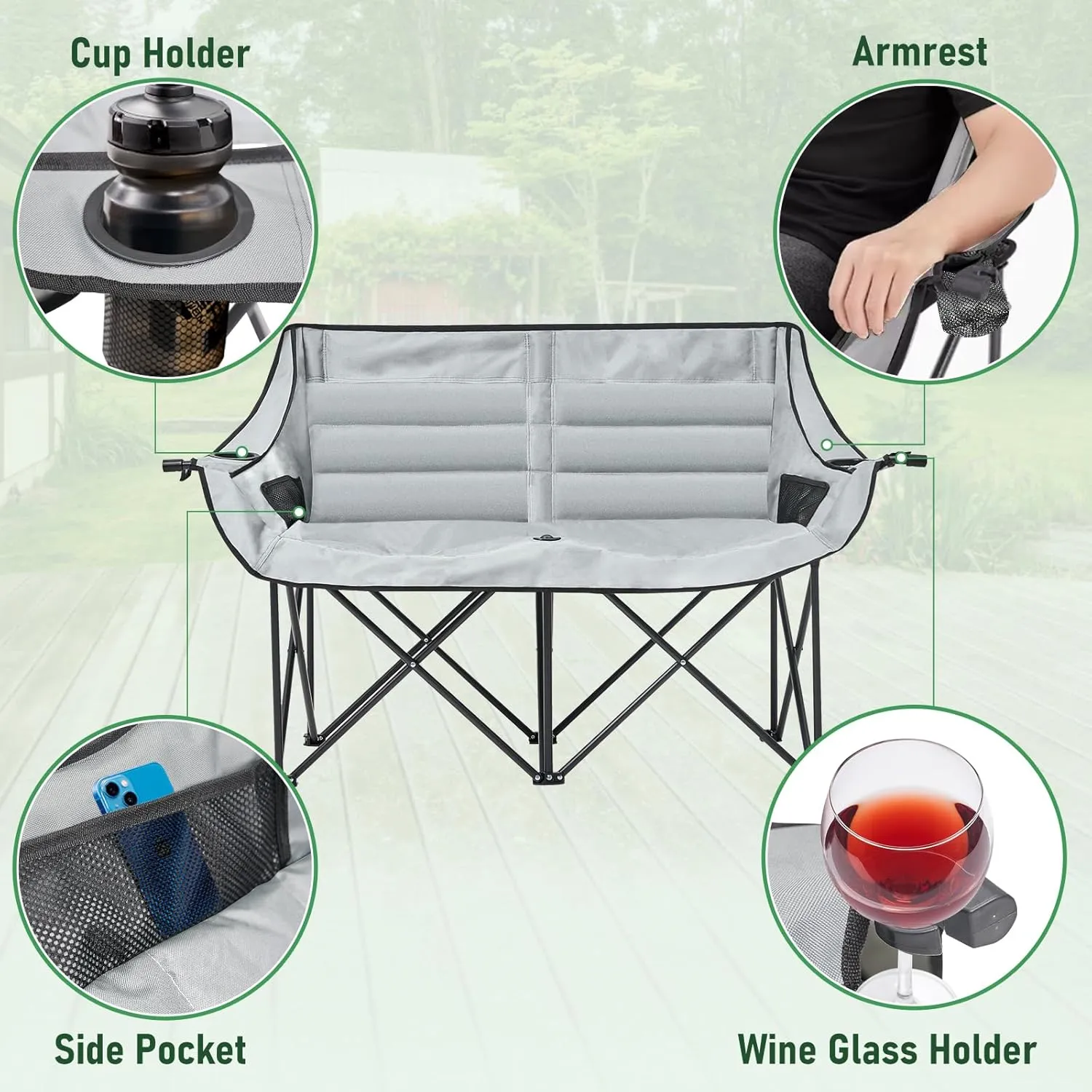 Double Camping Chair for Adults, 2 Person Loveseat Camping Chair with Cup & Wine Glass Holder, Portable Padded Double Folding Chairs for Outdoor Camp Lawn Picnic Sports, Support 600LBS (Grey)