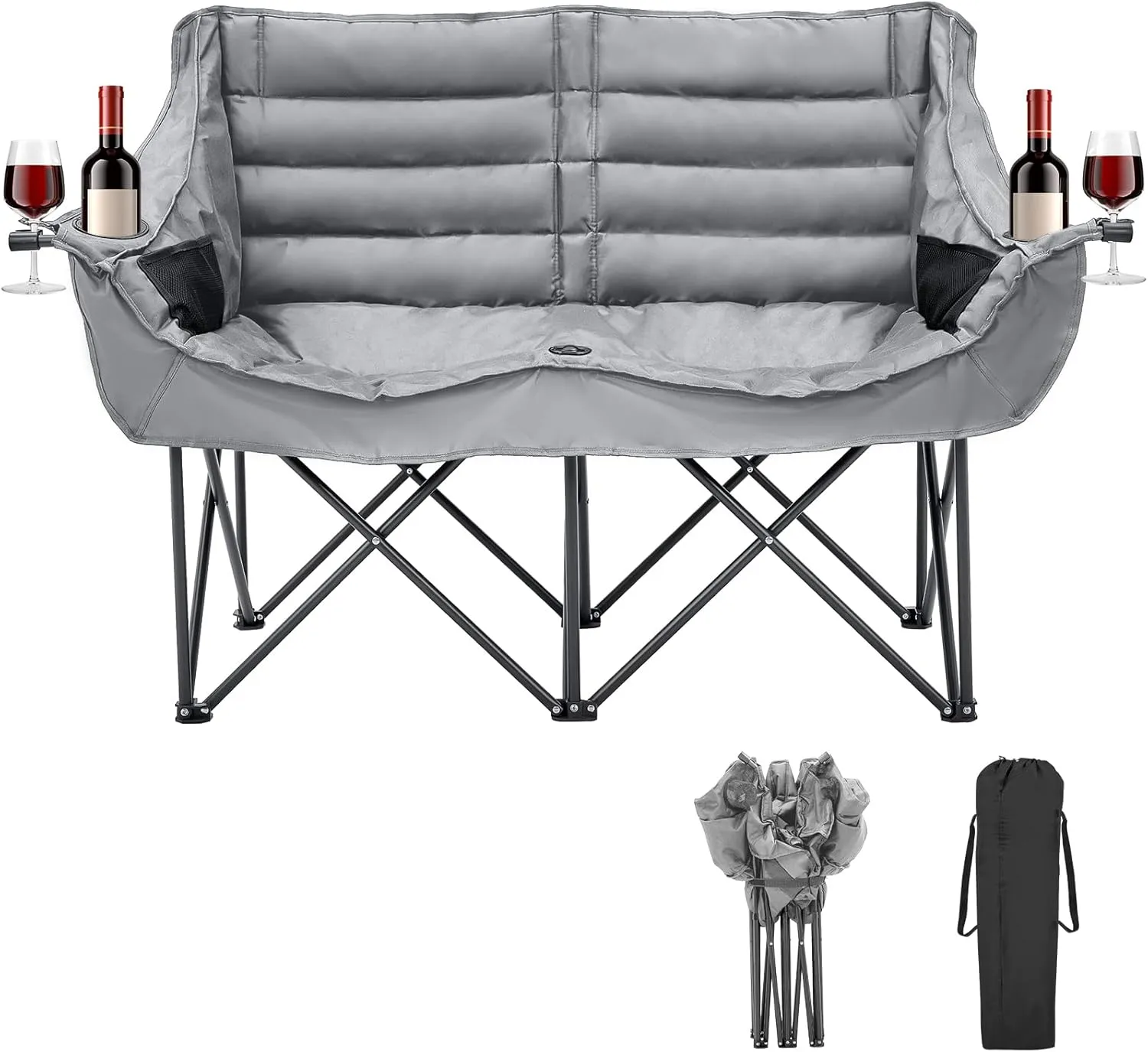 Double Camping Chair for Adults, 2 Person Loveseat Camping Chair with Cup & Wine Glass Holder, Portable Padded Double Folding Chairs for Outdoor Camp Lawn Picnic Sports, Support 600LBS (Grey)