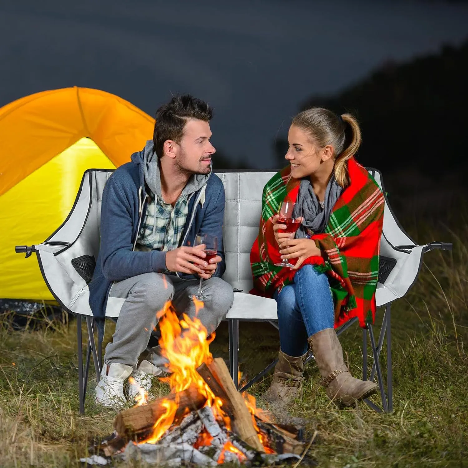Double Camping Chair for Adults, 2 Person Loveseat Camping Chair with Cup & Wine Glass Holder, Portable Padded Double Folding Chairs for Outdoor Camp Lawn Picnic Sports, Support 600LBS (Grey)