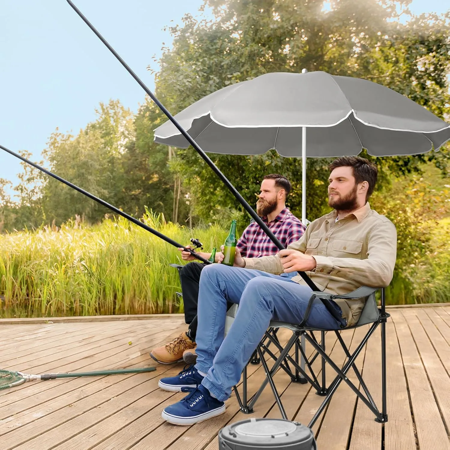 Double Camping Chair with Umbrella,Portable Folding Chair w/ Cup Holders,Cooler Bag,Pocket & Carry Bag,Outdoor Collapsible Lawn Chair for Fishing,Tailgates,Beach,Sports,Patio,Supports 180lbs,Grey