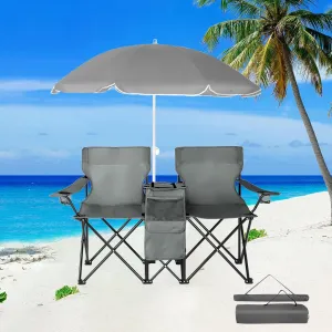 Double Camping Chair with Umbrella,Portable Folding Chair w/ Cup Holders,Cooler Bag,Pocket & Carry Bag,Outdoor Collapsible Lawn Chair for Fishing,Tailgates,Beach,Sports,Patio,Supports 180lbs,Grey