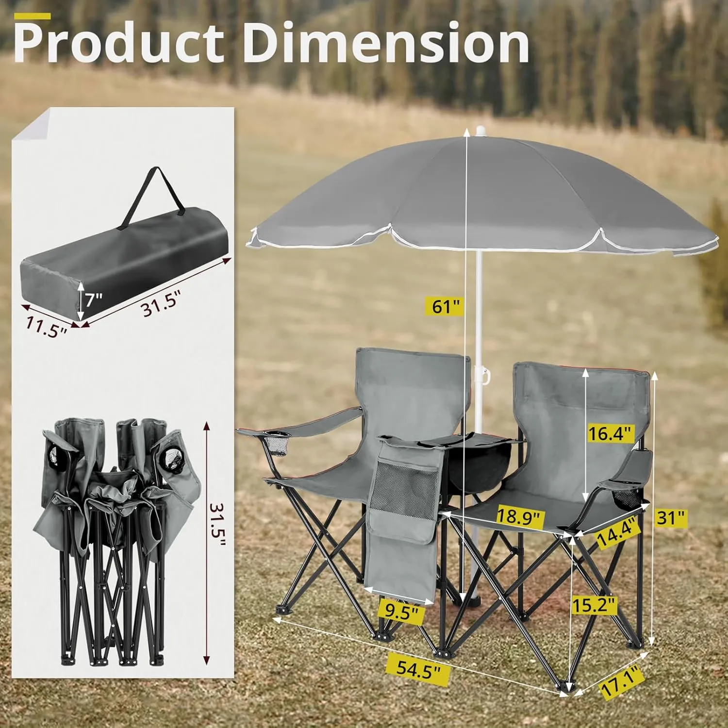 Double Camping Chair with Umbrella,Portable Folding Chair w/ Cup Holders,Cooler Bag,Pocket & Carry Bag,Outdoor Collapsible Lawn Chair for Fishing,Tailgates,Beach,Sports,Patio,Supports 180lbs,Grey