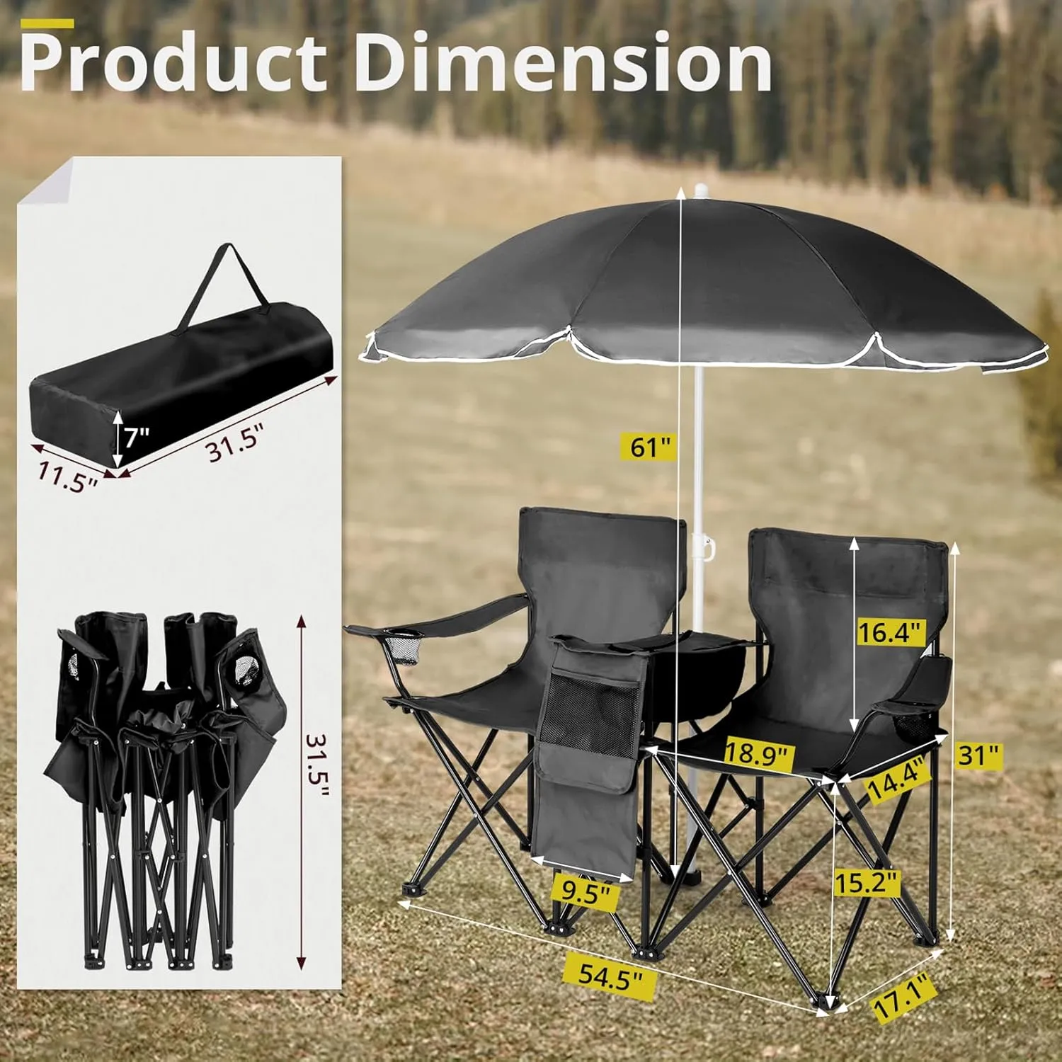 Double Camping Chairs for Adults,Folding Loveseat Picnic Chair with Removable Umbrella,Cup Holders,Cooler Bag,Pocket & Carry Bag,Portable Collapsible Compact Chair for Outdoor,Camp,Beach,Hiking,Black