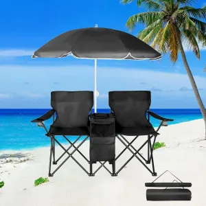 Double Camping Chairs for Adults,Folding Loveseat Picnic Chair with Removable Umbrella,Cup Holders,Cooler Bag,Pocket & Carry Bag,Portable Collapsible Compact Chair for Outdoor,Camp,Beach,Hiking,Black