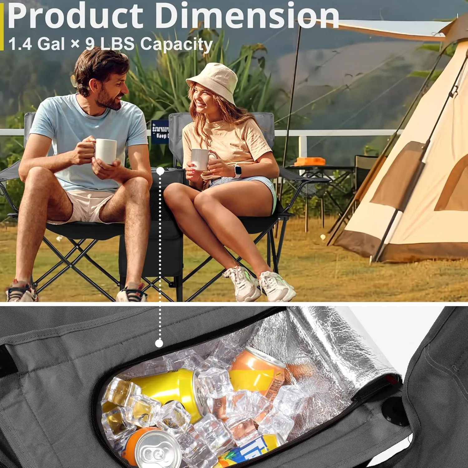 Double Camping Chairs for Adults,Folding Loveseat Picnic Chair with Removable Umbrella,Cup Holders,Cooler Bag,Pocket & Carry Bag,Portable Collapsible Compact Chair for Outdoor,Camp,Beach,Hiking,Black