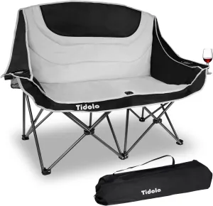 Double Camping Chairs, Oversized Loveseat Camping Chairs for Adults, Outdoor Folding Chairs Lawn Chairs Camping Couch with Cup Holder & Wine Glass Holder for Outside - Support 600Lbs (Grey)
