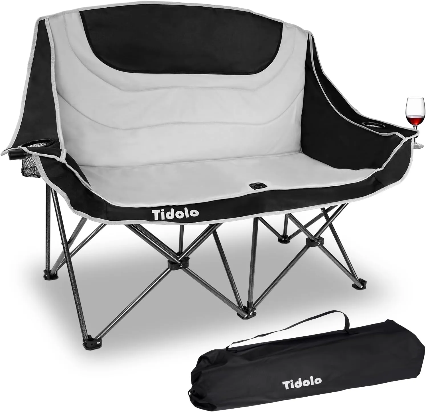 Double Camping Chairs, Oversized Loveseat Camping Chairs for Adults, Outdoor Folding Chairs Lawn Chairs Camping Couch with Cup Holder & Wine Glass Holder for Outside - Support 600Lbs (Grey)
