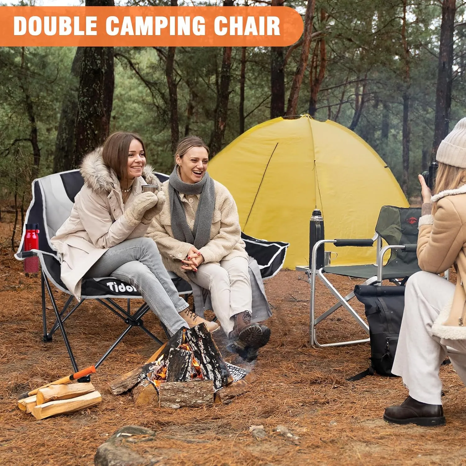 Double Camping Chairs, Oversized Loveseat Camping Chairs for Adults, Outdoor Folding Chairs Lawn Chairs Camping Couch with Cup Holder & Wine Glass Holder for Outside - Support 600Lbs (Grey)