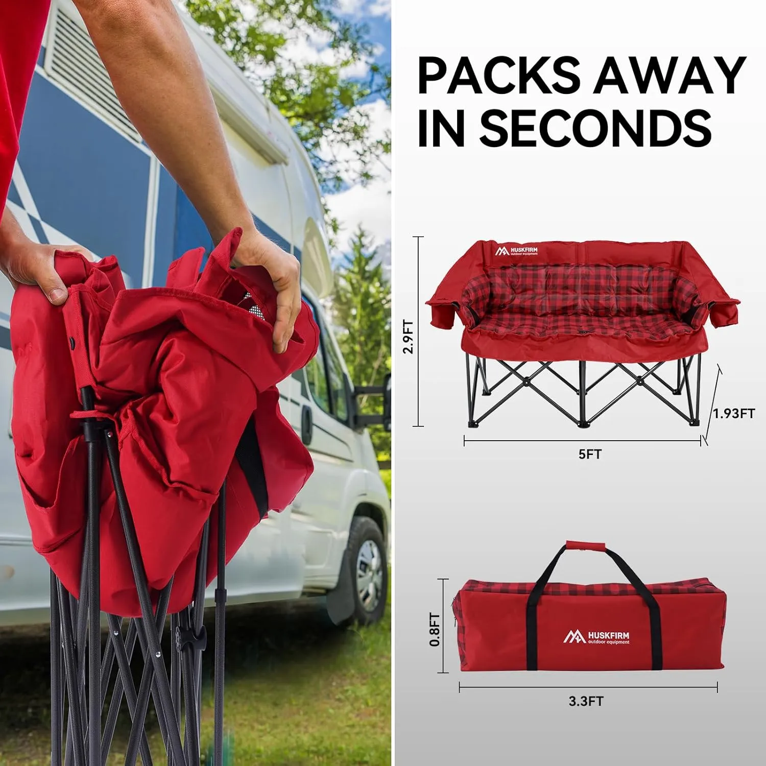 Double Camping Chairs Padded Loveseat Chair for 2 Person - Heavy Duty Oversized Camping Couch for Adults Outdoor Lawn Beach - Portable Folding Sofa with Cup Holders and Carry Bag, Red