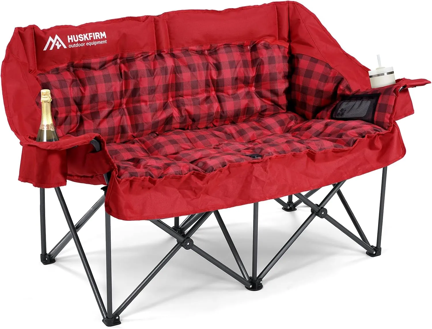 Double Camping Chairs Padded Loveseat Chair for 2 Person - Heavy Duty Oversized Camping Couch for Adults Outdoor Lawn Beach - Portable Folding Sofa with Cup Holders and Carry Bag, Red