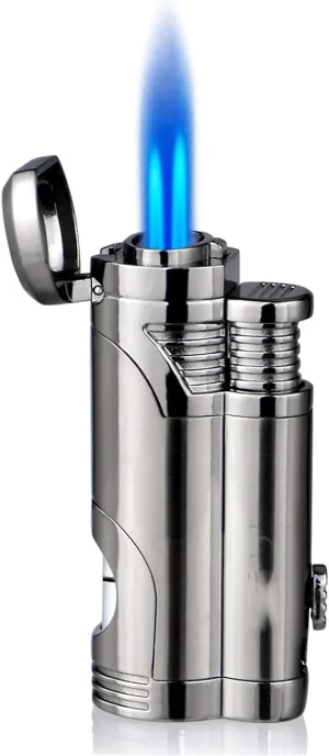 Double Flame Butane Lighter, Metal Windproof Lighter, Adjustable Flame Lighter, can be inflated Repeatedly, Suitable for use in a Variety of scenarios.(Silver)