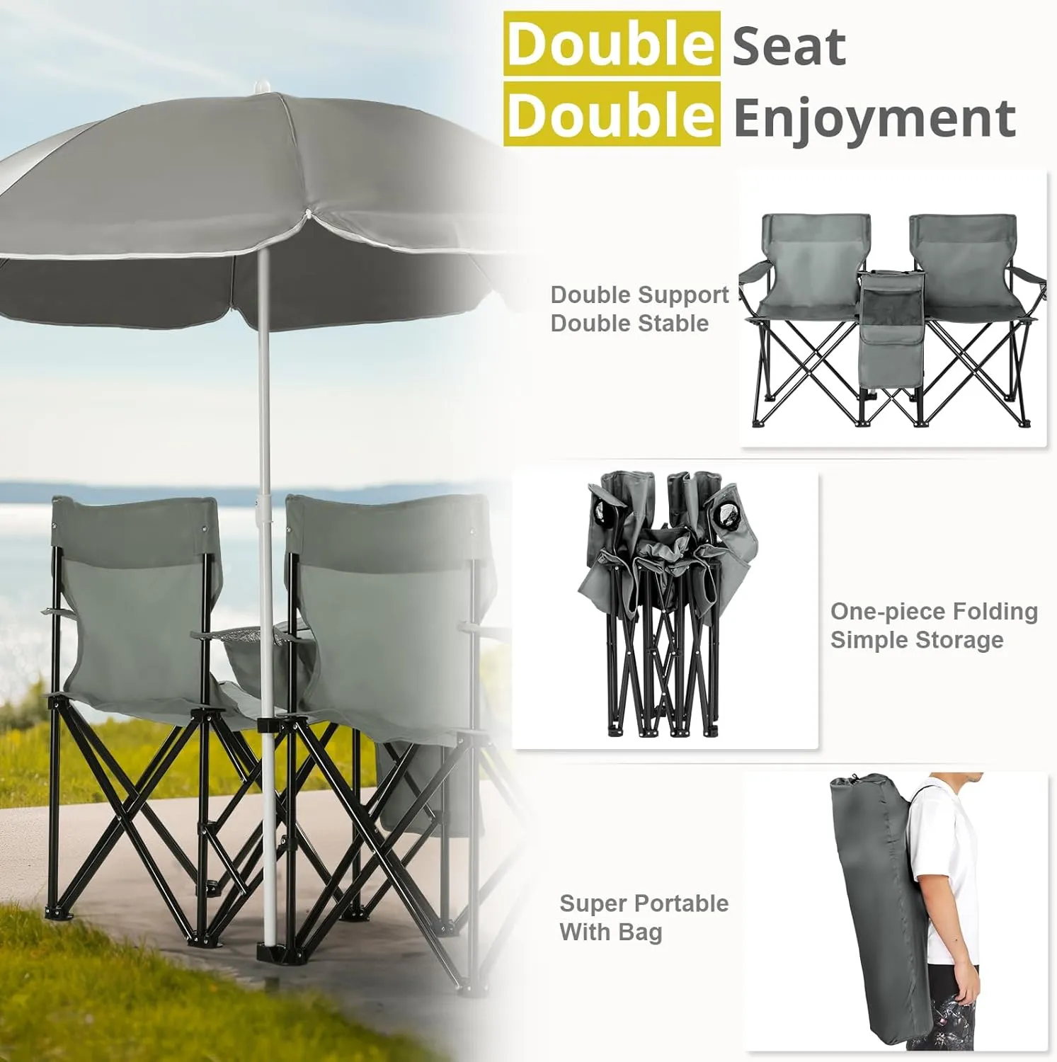 Double Folding Camping Chair W/Umbrella Fold Up Table Beverage Holder Carrying Bag Cooler for Patio Pool Park Outdoor Beach, Picnic, Portable (Grey)