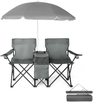 Double Folding Camping Chair W/Umbrella Fold Up Table Beverage Holder Carrying Bag Cooler for Patio Pool Park Outdoor Beach, Picnic, Portable (Grey)