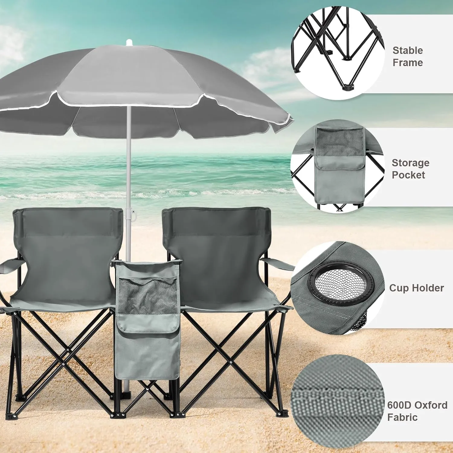 Double Folding Camping Chair W/Umbrella Fold Up Table Beverage Holder Carrying Bag Cooler for Patio Pool Park Outdoor Beach, Picnic, Portable (Grey)
