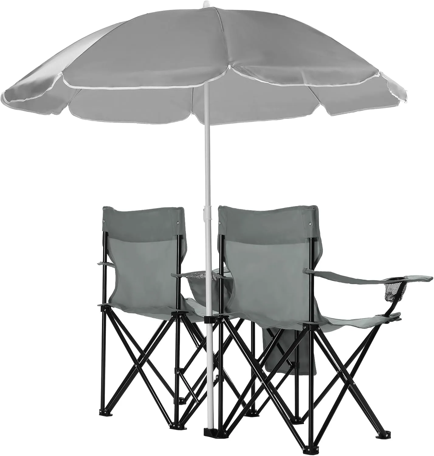 Double Folding Camping Chair W/Umbrella Fold Up Table Beverage Holder Carrying Bag Cooler for Patio Pool Park Outdoor Beach, Picnic, Portable (Grey)