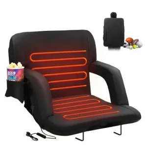 Double Heated Stadium Seat with Back Support, 3 Level Heating Wide Bleacher Seat, Folding Portable Padded Reclining Chair with Hook Pocket Cupholder, Ideal for Sport Event Beach Camping Concert