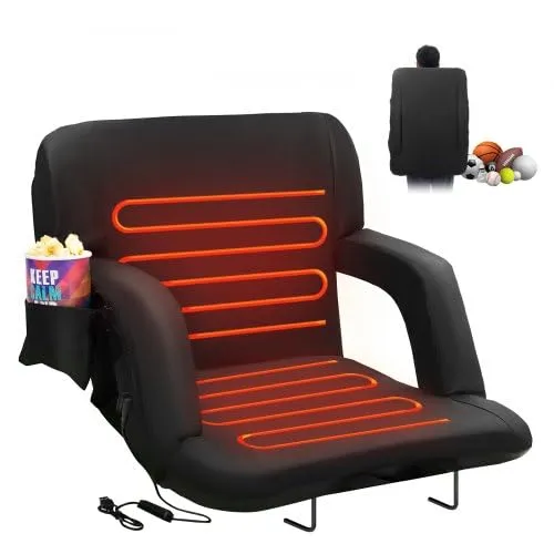 Double Heated Stadium Seat with Back Support, 3 Level Heating Wide Bleacher Seat, Folding Portable Padded Reclining Chair with Hook Pocket Cupholder, Ideal for Sport Event Beach Camping Concert