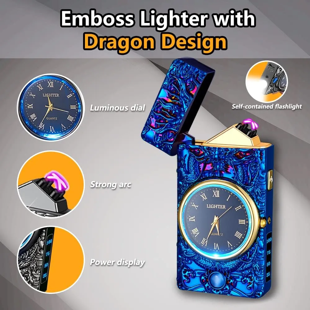 Dragon Lighter, Watch Lighter,Electric Lighter Windproof Plasma Dual Arc Lighter USB Lighter Rechargeable with LED Battery Indication for Candles, Incense Stick, Outdoor Camping (Dragon Blue)