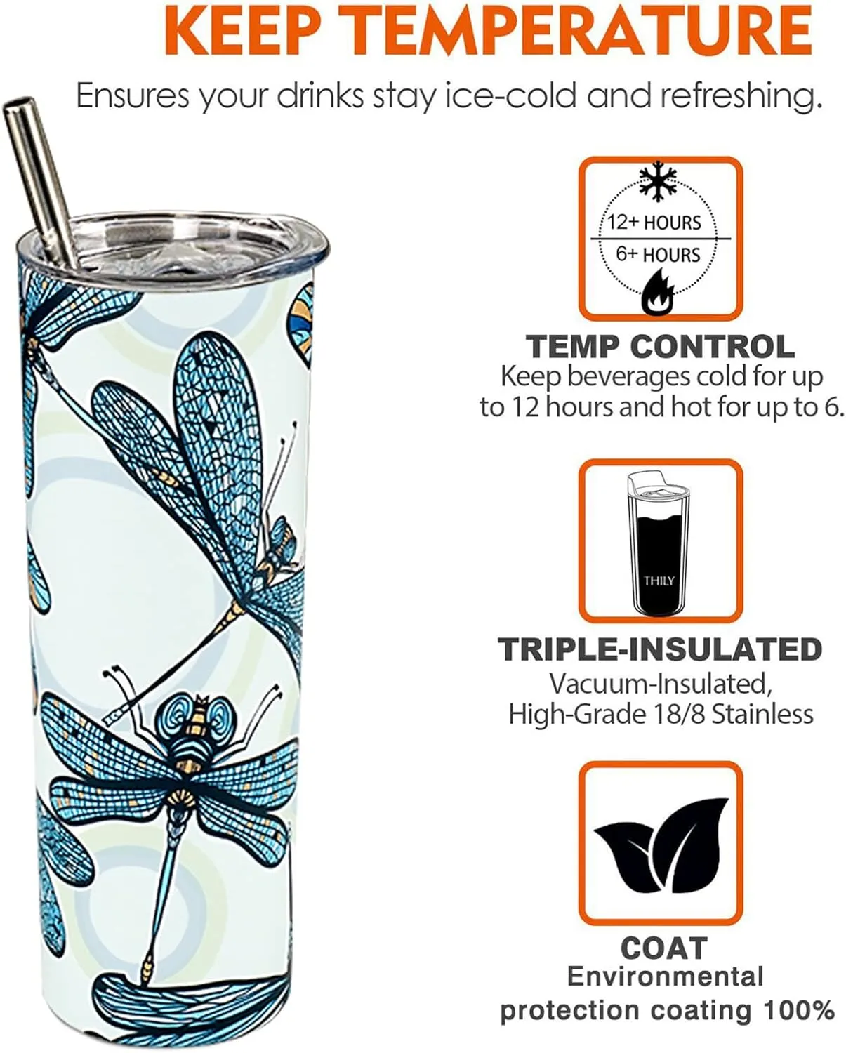 Dragonfly Tumbler - 20oz Insulated Stainless Steel Dragonfly Skinny Tumbler With Lid and Straw