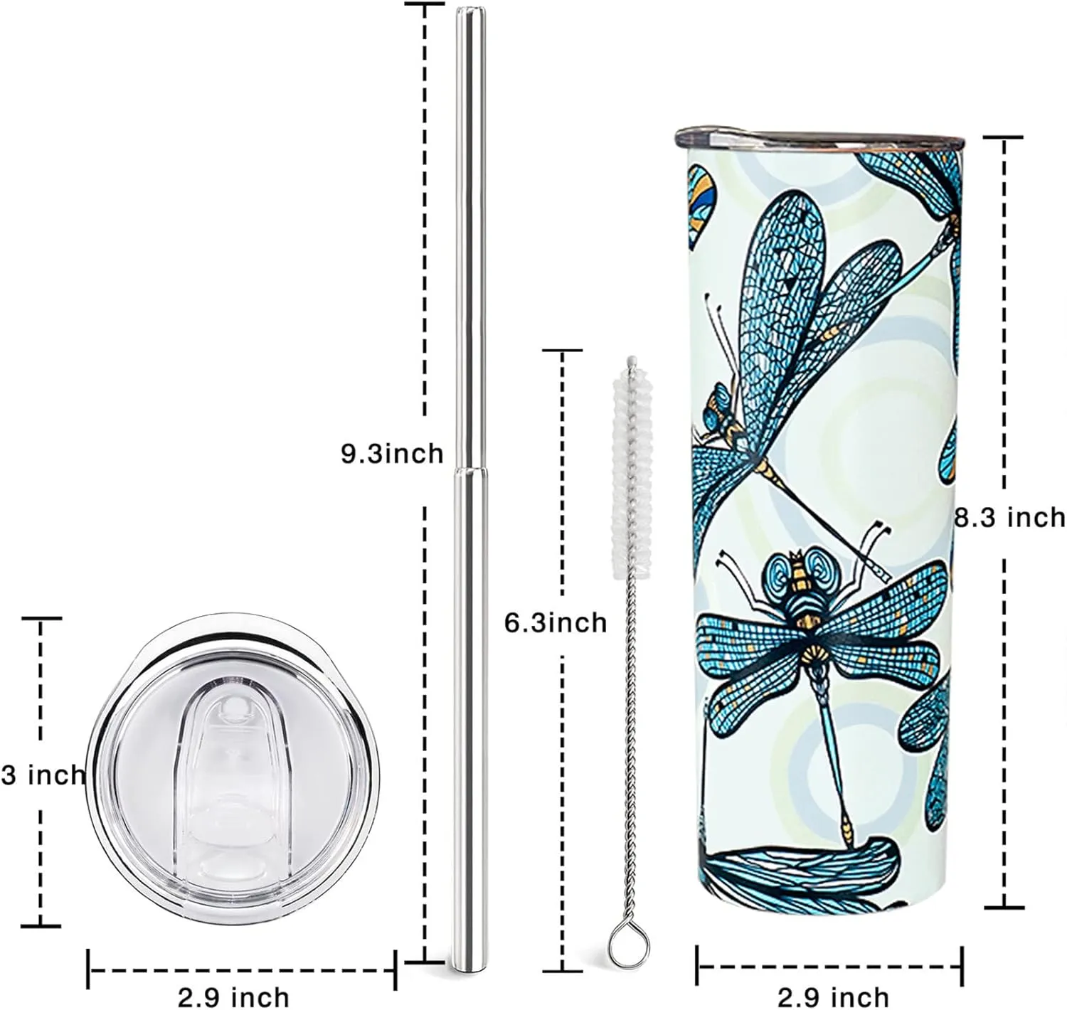 Dragonfly Tumbler - 20oz Insulated Stainless Steel Dragonfly Skinny Tumbler With Lid and Straw