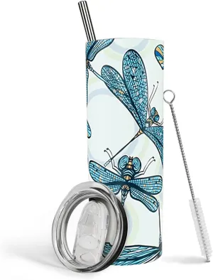 Dragonfly Tumbler - 20oz Insulated Stainless Steel Dragonfly Skinny Tumbler With Lid and Straw