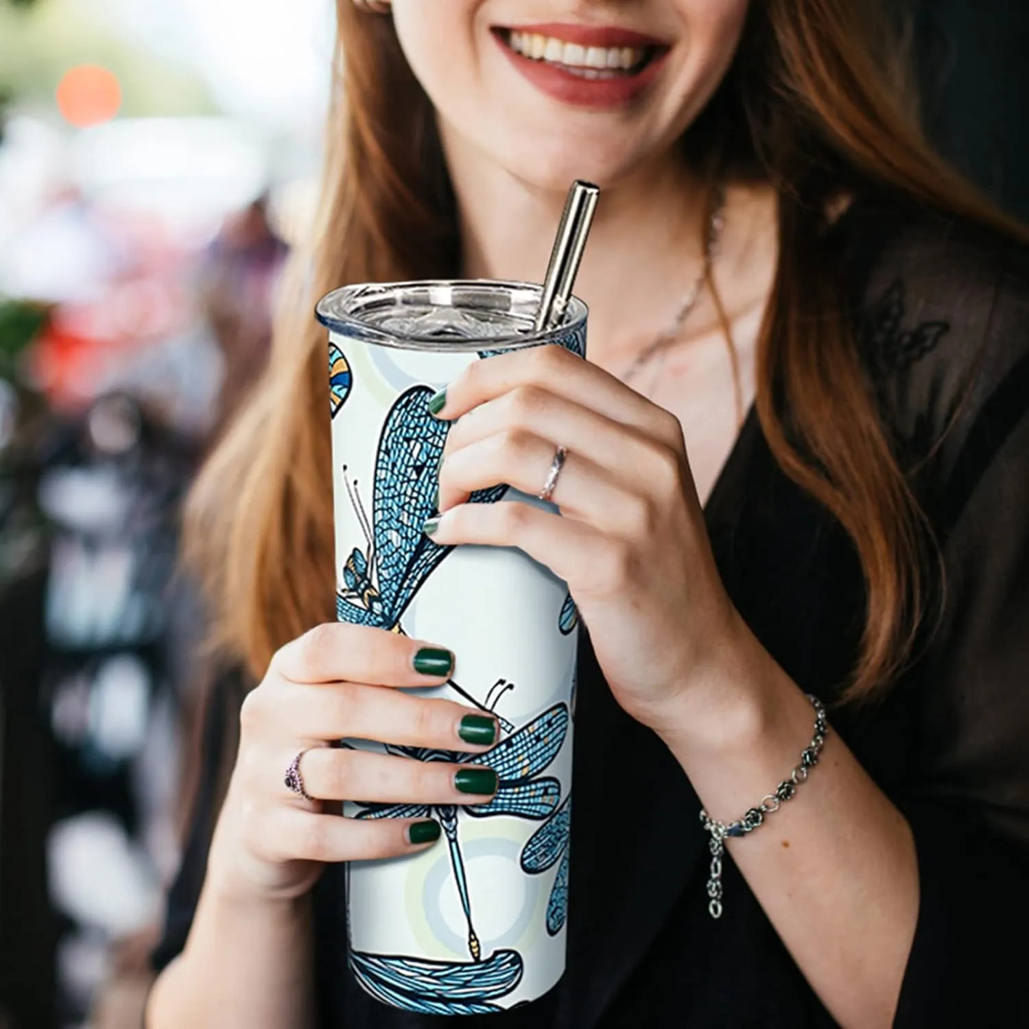 Dragonfly Tumbler - 20oz Insulated Stainless Steel Dragonfly Skinny Tumbler With Lid and Straw