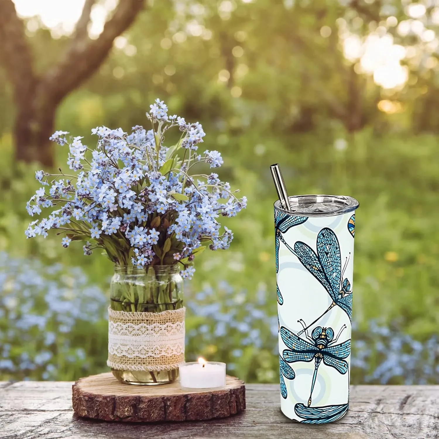 Dragonfly Tumbler - 20oz Insulated Stainless Steel Dragonfly Skinny Tumbler With Lid and Straw