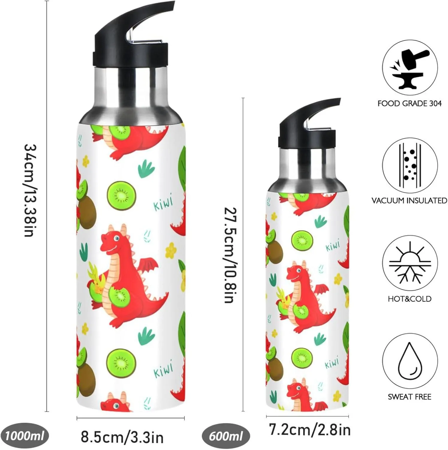 Dragons and Kiwi Fruit Sports Water Bottle with Straw, 22oz BPA Free Stainless Steel Vacuum Insulated Bottle for Gym Fitness Outdoor
