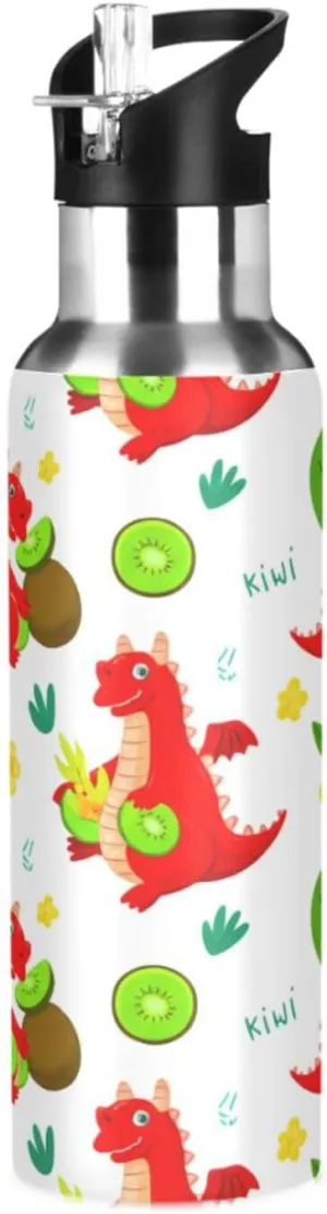 Dragons and Kiwi Fruit Sports Water Bottle with Straw, 22oz BPA Free Stainless Steel Vacuum Insulated Bottle for Gym Fitness Outdoor