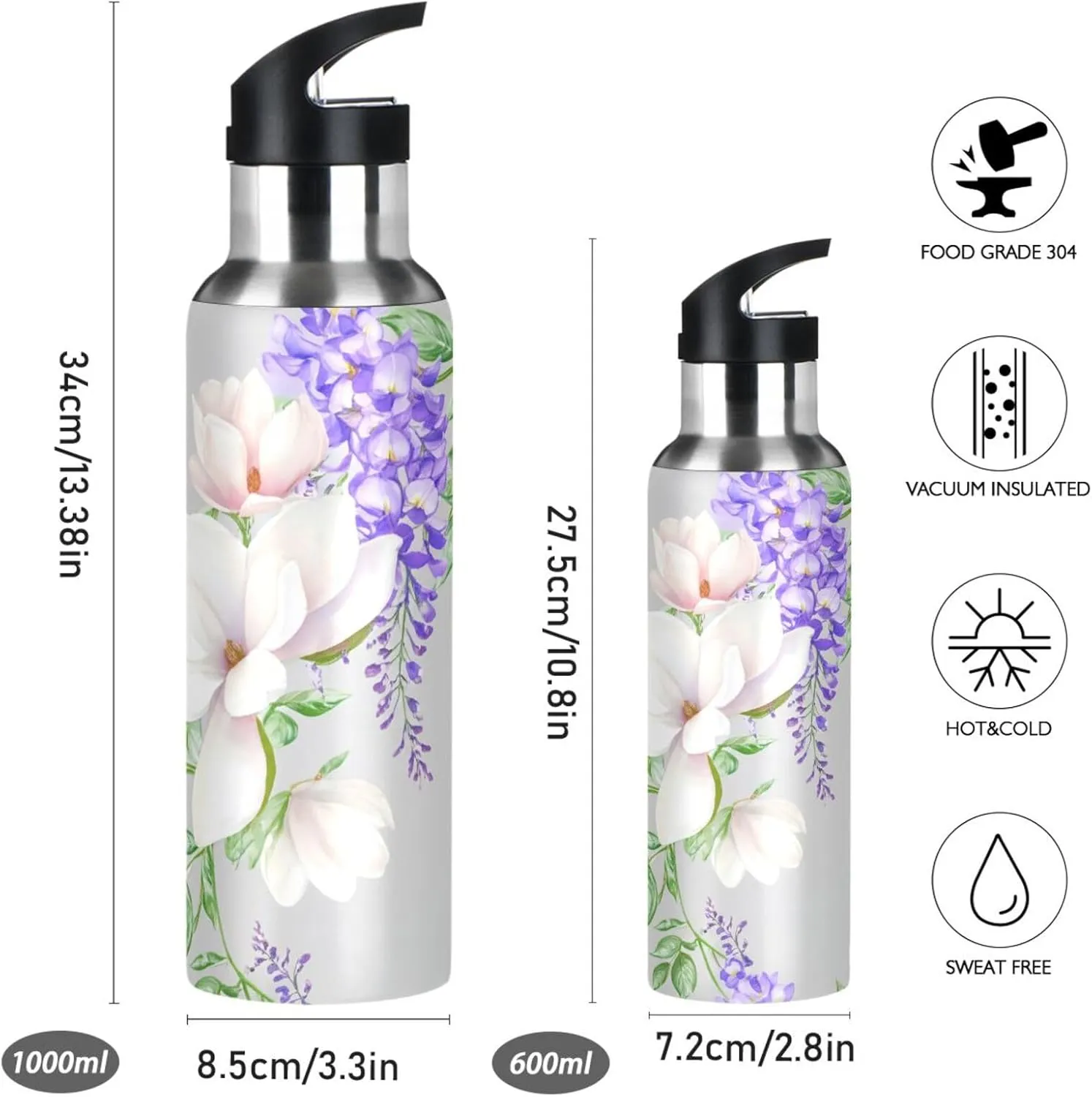 Draping Flowers Sports Water Bottle with Straw, 22oz BPA Free Stainless Steel Vacuum Insulated Bottle for Gym Fitness Outdoor
