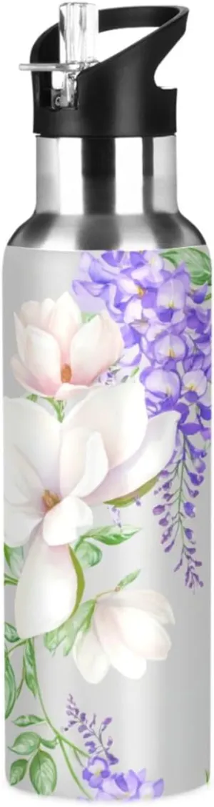 Draping Flowers Sports Water Bottle with Straw, 22oz BPA Free Stainless Steel Vacuum Insulated Bottle for Gym Fitness Outdoor
