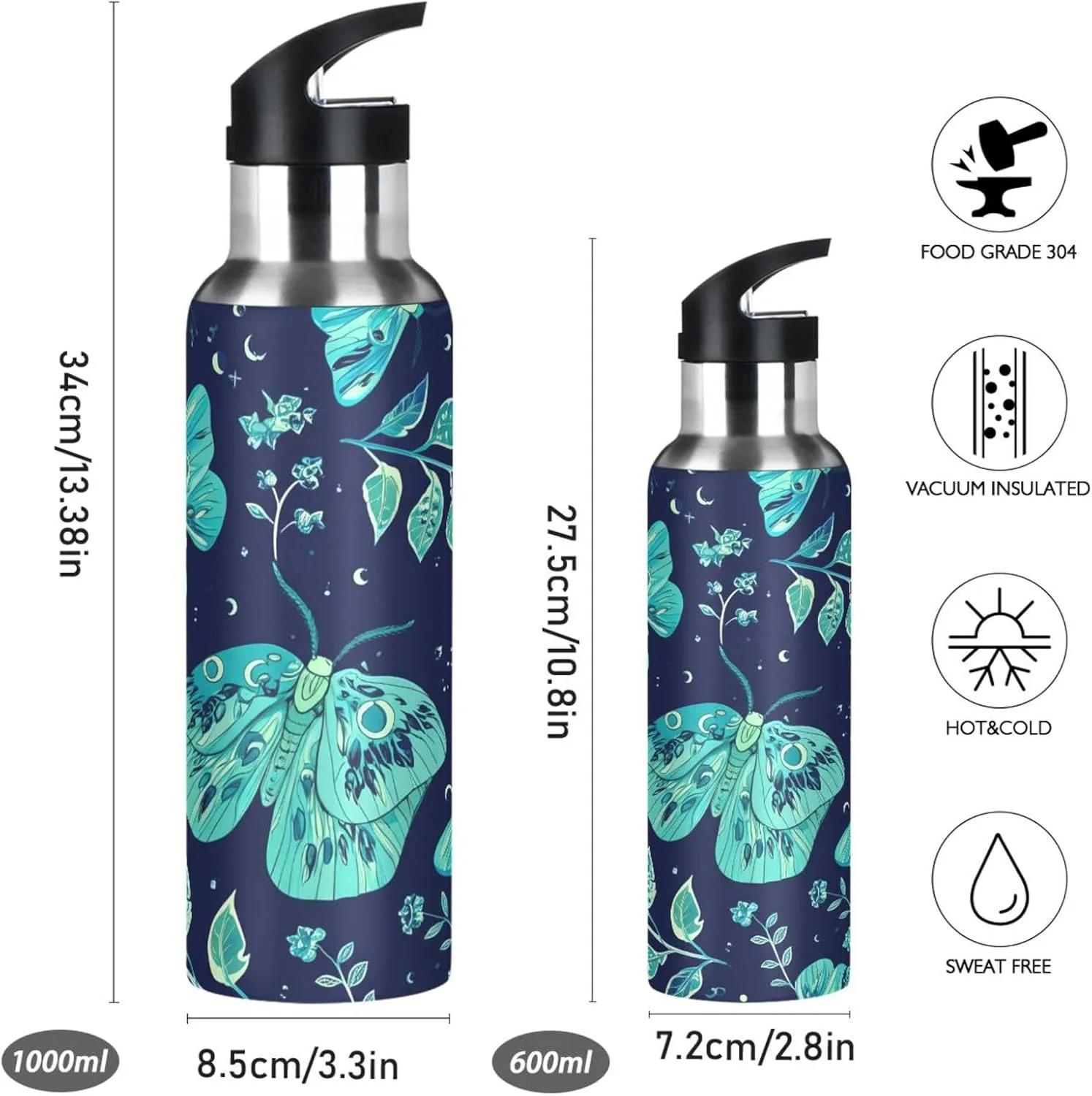 Dream Butterfly Sports Water Bottle with Straw, 22oz BPA Free Stainless Steel Vacuum Insulated Bottle for Gym Fitness Outdoor