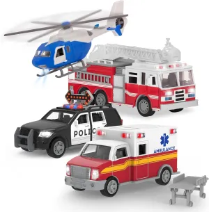 Driven by Battat – 4 Emergency Vehicle Toys – 9" Ambulance, 9" Police Car SUV, 7.5" Fire Truck, 8" Helicopter – Lights & Siren – Gift for Toddlers&Kids 3 Years  
