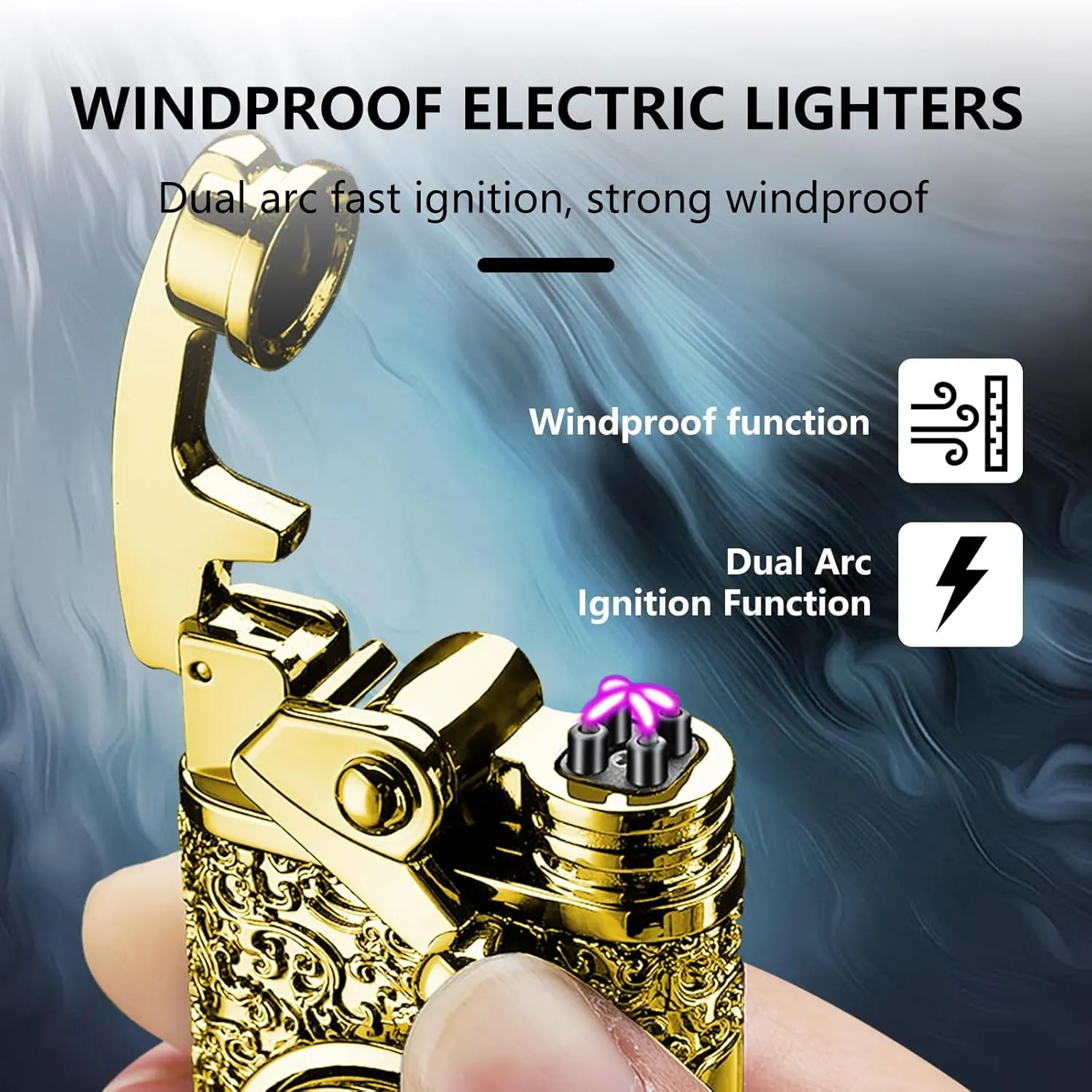 Dual Arc Lighter Windproof Flameless Windproof lighters, Electric Lighters Rechargeable with Led Battery Display lighters for Candle,Fireworks,Camping,Hiking (Gold)