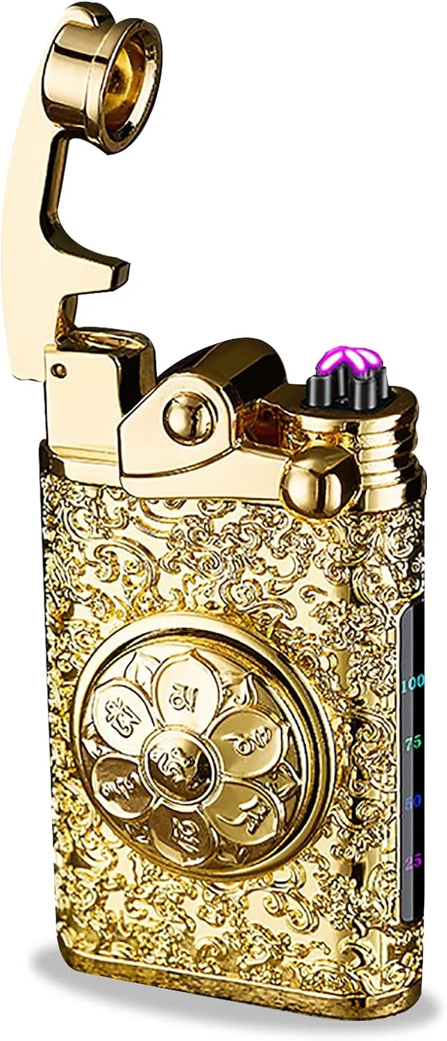 Dual Arc Lighter Windproof Flameless Windproof lighters, Electric Lighters Rechargeable with Led Battery Display lighters for Candle,Fireworks,Camping,Hiking (Gold)
