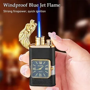 Dual Flame Dragon Lighter, Windproof Lighter with Visible Fuel Window, Adjustable Flame Lighter, Torch Lighter, Refillable Butane Lighter, Windproof Lighter Vintage Watch Bezel Jet Flame Torch Lighte(