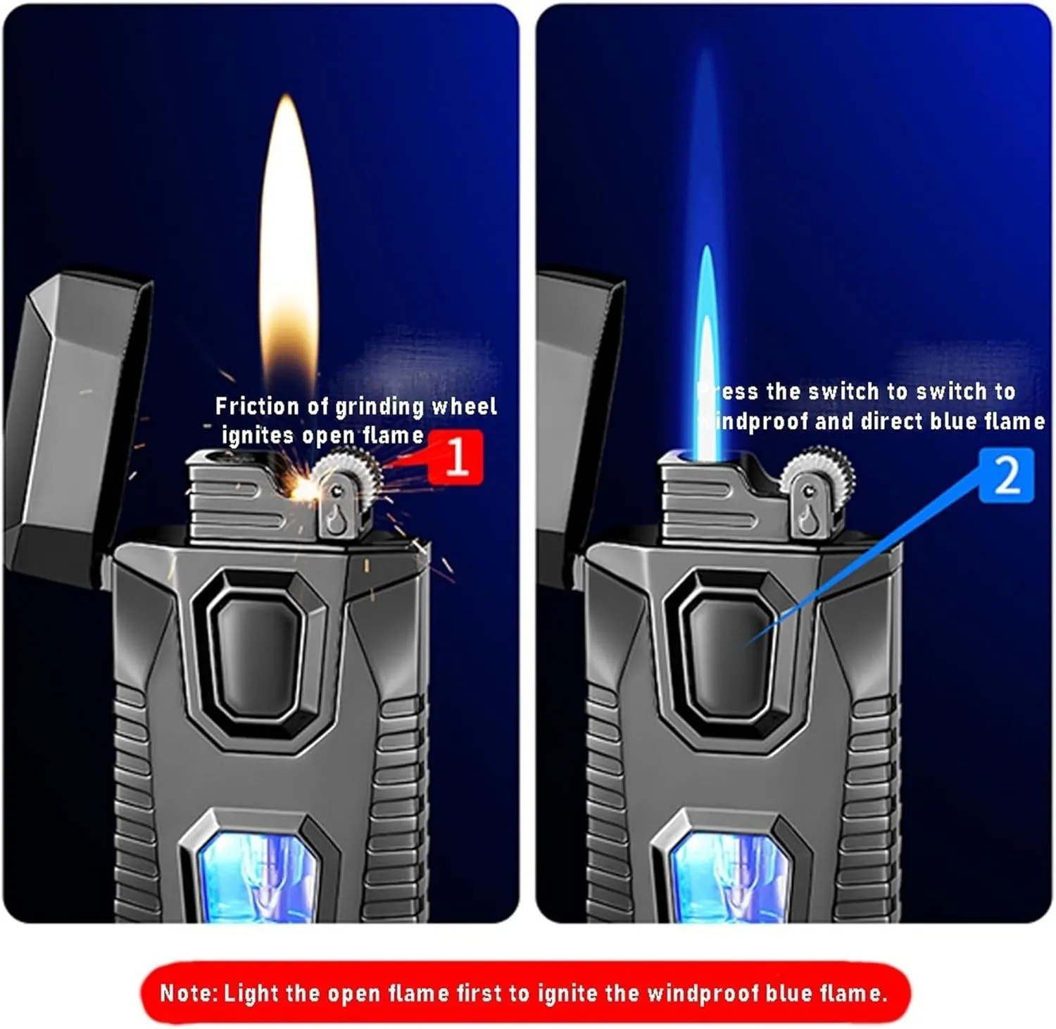 Dual Flame Torch Lighter Visual Fuel Window Adjustable Flame Refillable Butane Windproof Lighter for Outdoor Camping(Dark)