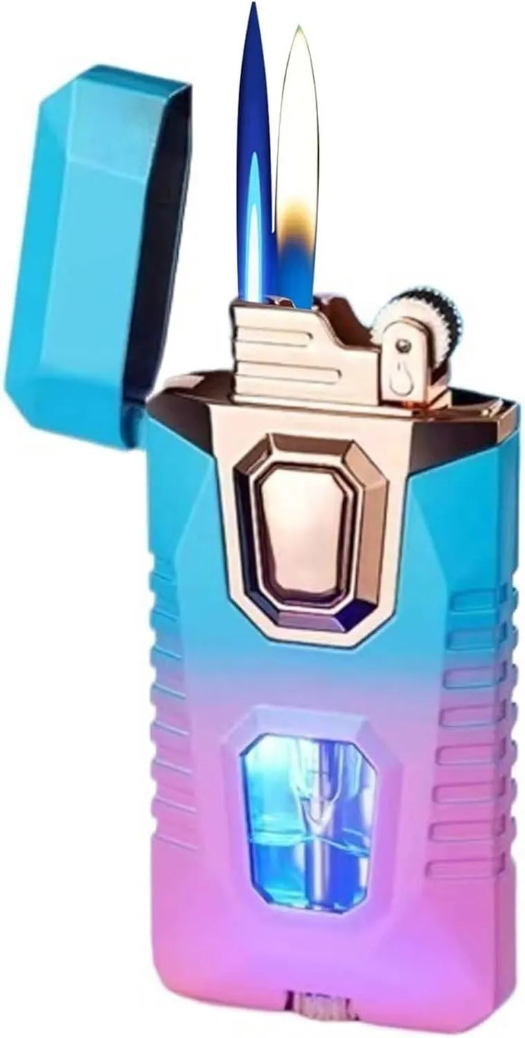 Dual Flame Torch Lighter Visual Fuel Window Adjustable Flame Refillable Butane Windproof Lighter for Outdoor Camping(Dark)