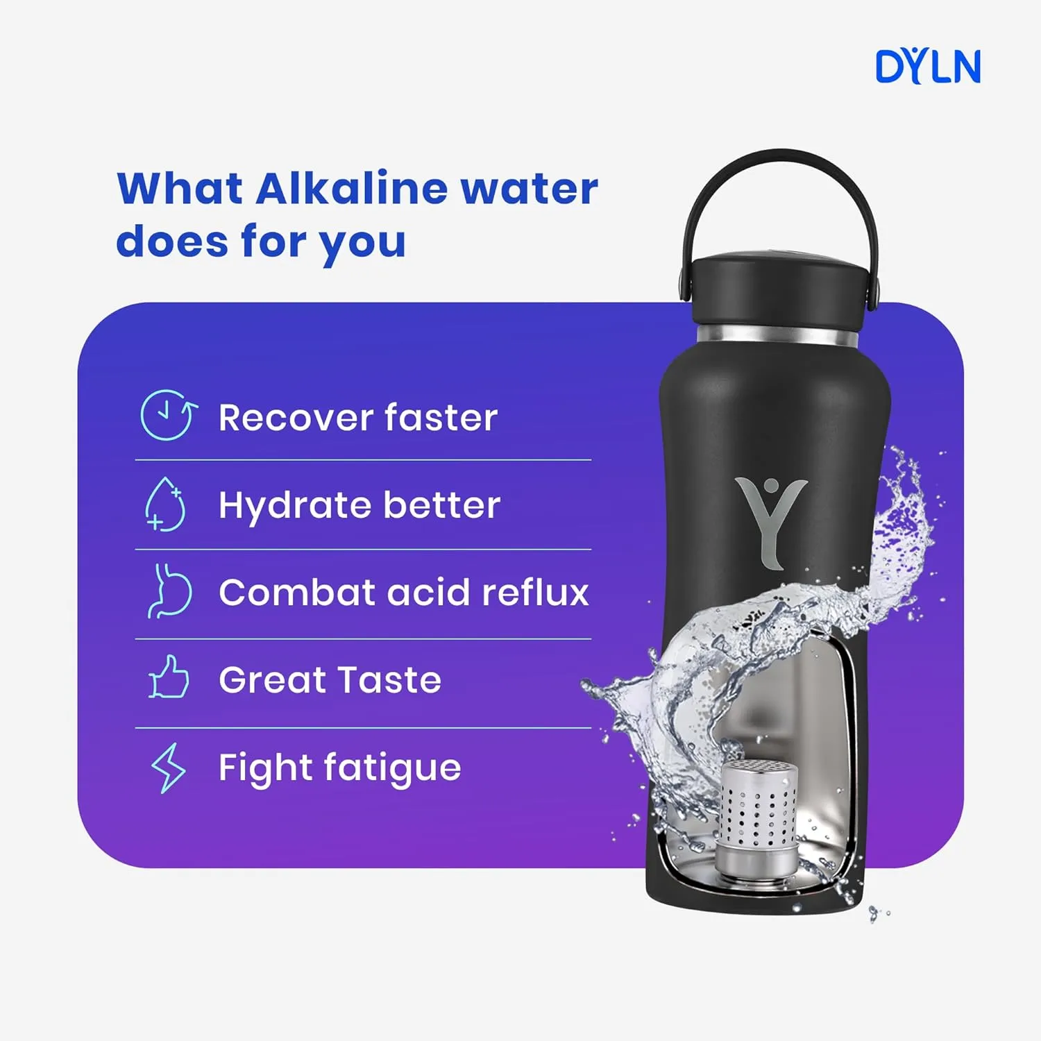 DYLN Hydrogen Water Bottle | Create Hydrating Alkaline Hydrogen-Rich Water Up to 9 pH | Vacuum Insulated Stainless Steel Water Bottle | Keeps Water Cold for 24 Hours
